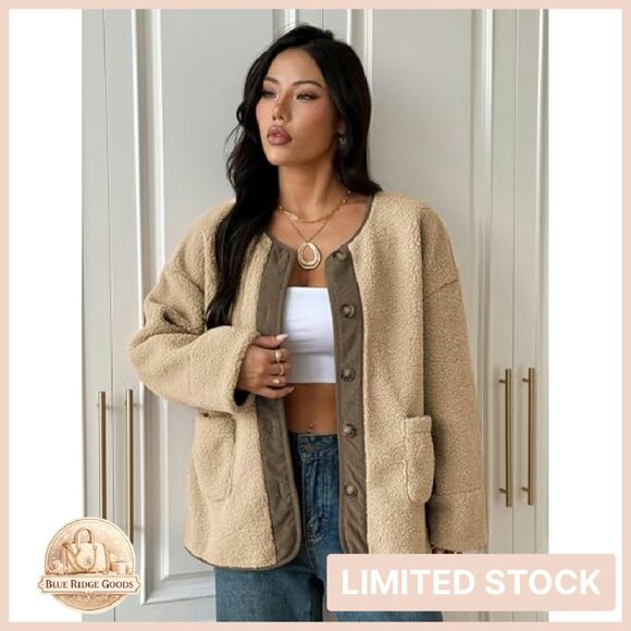 Faux Fur Sherpa Jacket Button Down Pockets Casual Winter Outerwear - Picture 5 of 8